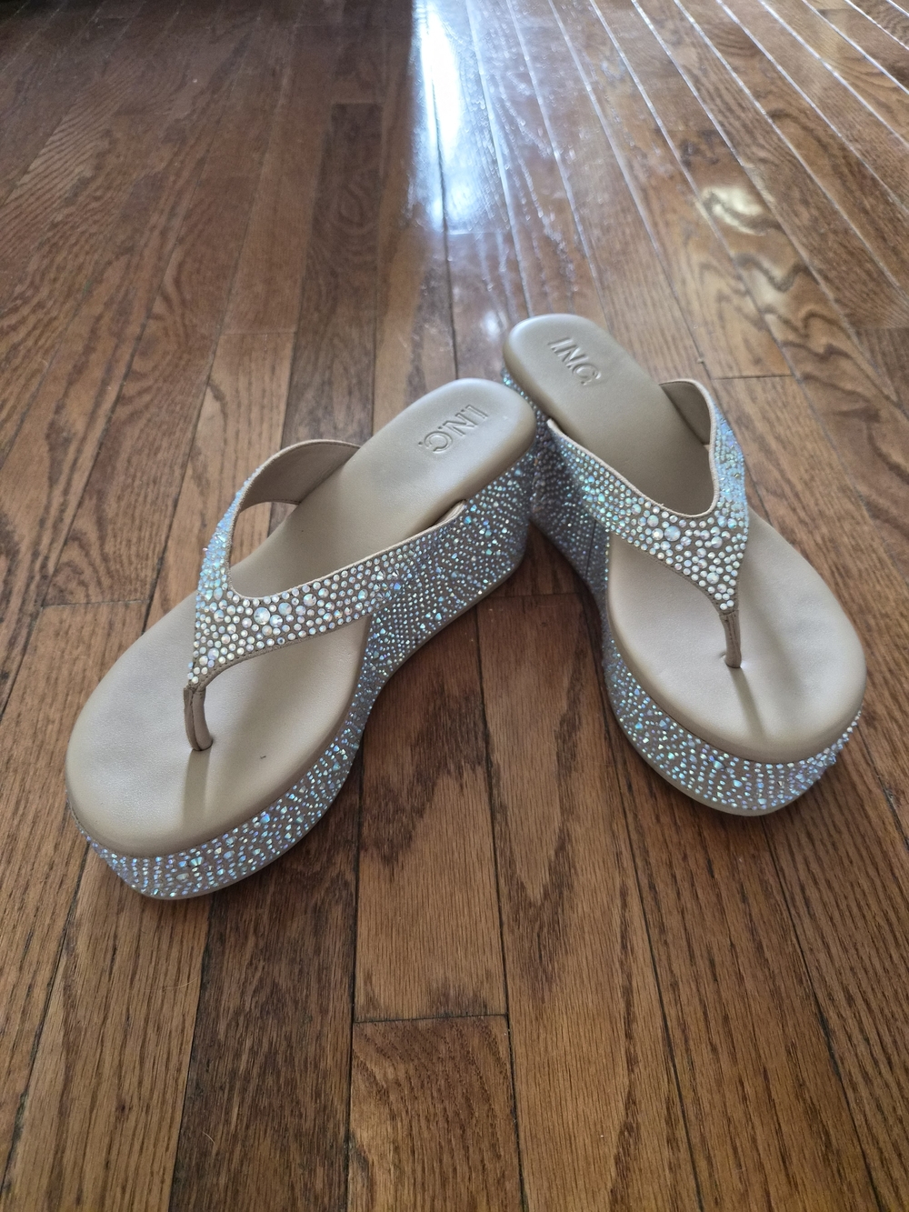 INC International Concepts Beige Sparkle Wedge Flip-Flops